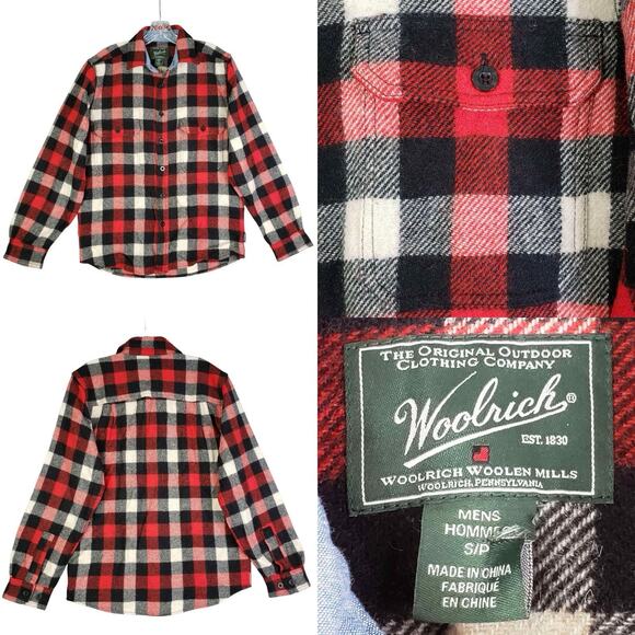 Woolrich Shirt Flannel Plaid Mens Size Small S LS Button Down Red Black Wool - Picture 1 of 11